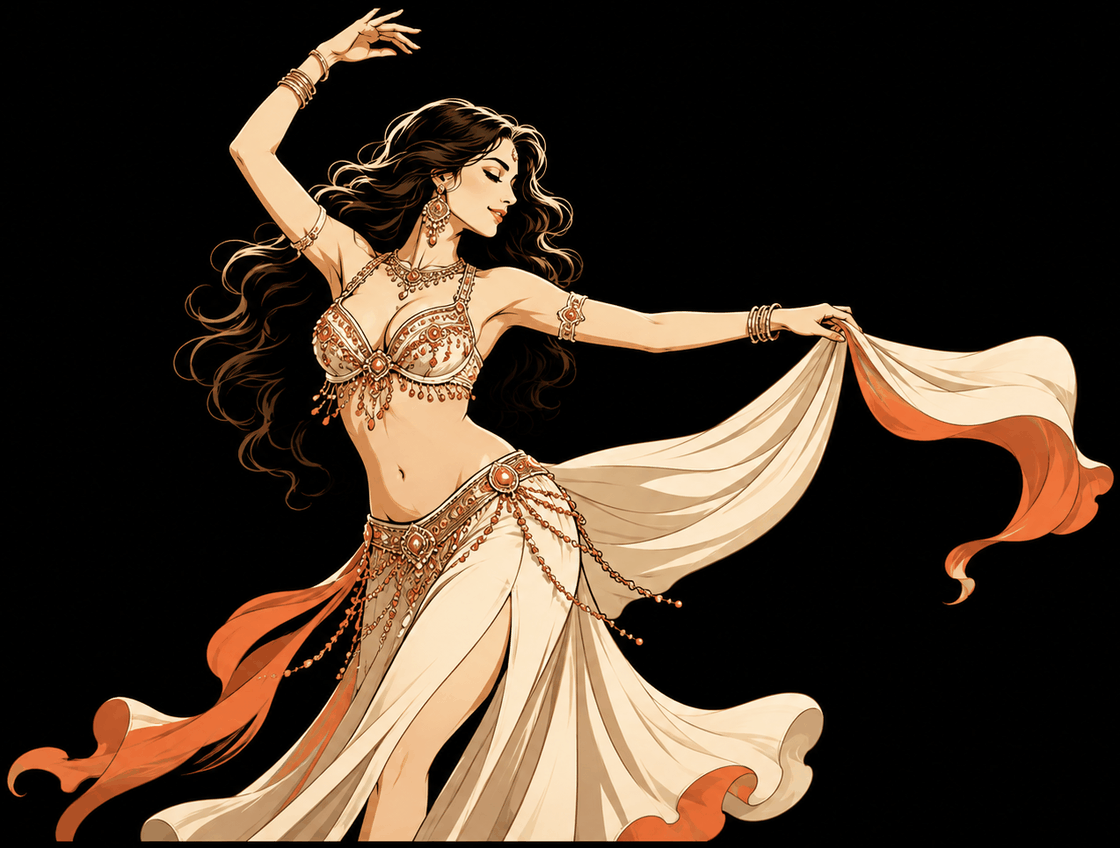 Illustration of a belly dancer mid-turn, one arm raised, her veil sweeping out behind her